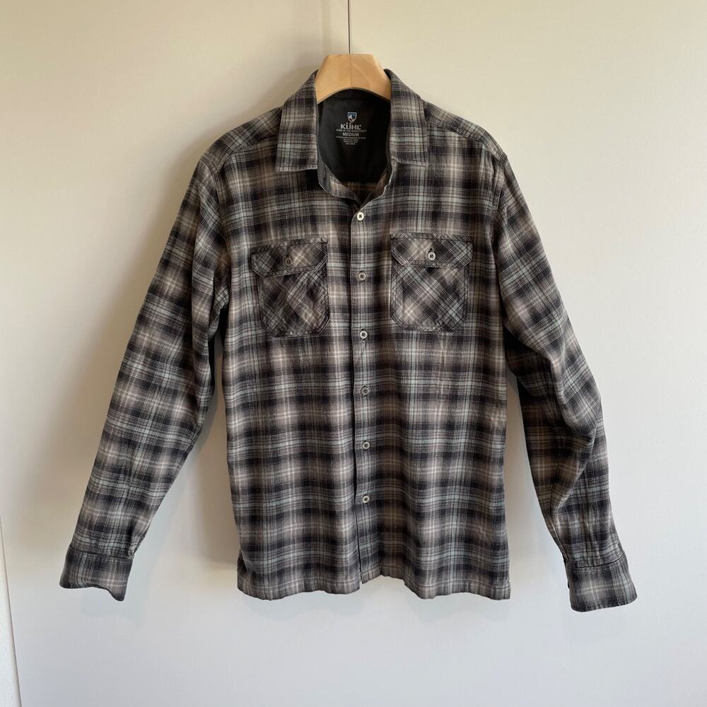 Kuhl Mens Grey Black Plaid Flannel Button Down Shirt Medium Cotton Tencel Blend